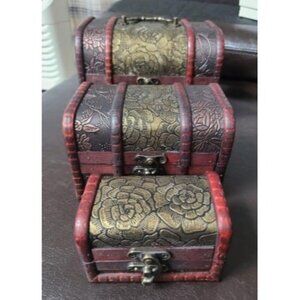 New 3-Set Small Wooden Treasure Chest Boxes with Flower Motifs, Decorative